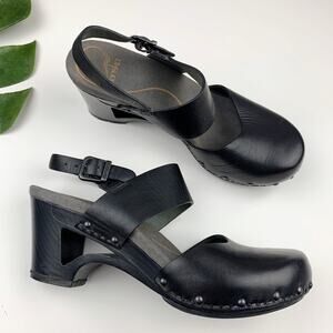 Dansko Black Leather Clog Sandals with Ankle Strap